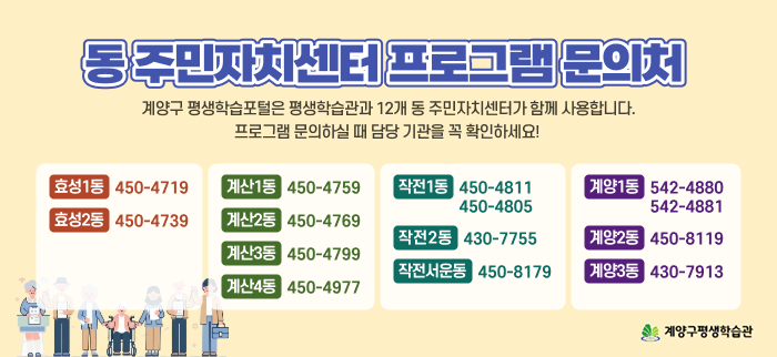 주민자치센터 프로그램은 각 동 주민자치회가 주관합니다. 문의사항은 해당 동으로 문의해주세요.